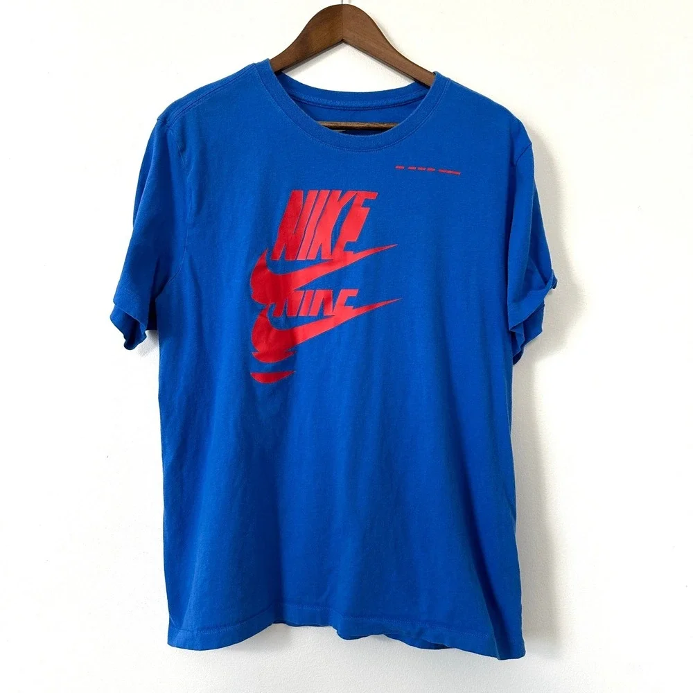 Nike Graphic Tee Shirt Sport Essentials Blue Red Yellow Swoosh Embroidered Large
